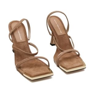 Good American Tan Strappy Square-Toe Heels